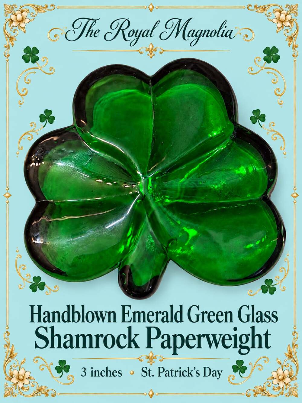 Handblown Emerald Green Glass Shamrock Paperweight